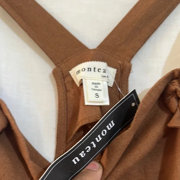 NWT Monteau Los Angeles Brown Scalloped Hem Overall Dress Size Small - Picture 2 of 5